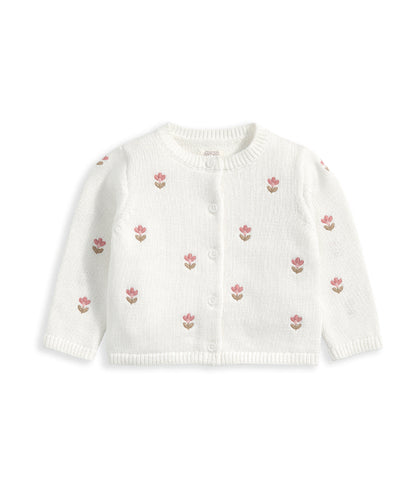 Floral Embroidered Knit Cardigan - White