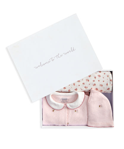 Embroidered Romper Hat & Blanket - Pink (Set of 3)