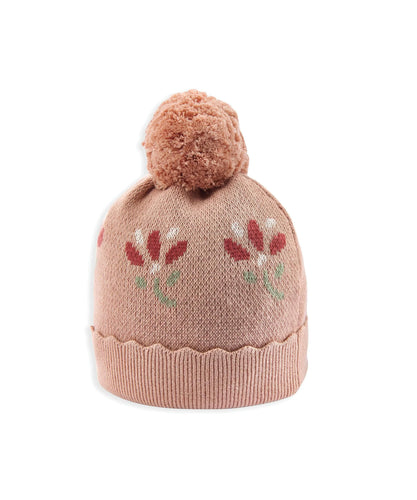 Jacquard Floral Knit Hat & Pom Pom