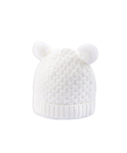 Rib Knit Hat & Pom Poms - White