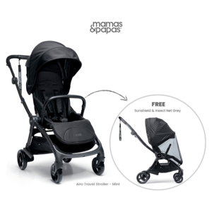 Mamas and Papas Airo Travel Stroller - Black with Free Sunshield & Insect Net Grey
