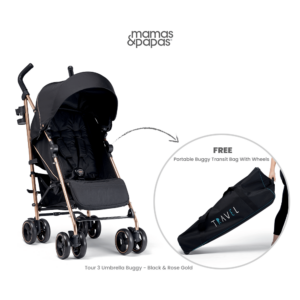 Mamas and Papas Tour 3 Umbrela Compact Buggy Stroller - Black and Rose Gold with Free Portable Buggy Transit Bag