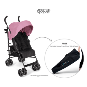 Mamas and Papas Cruise Practical Folding Buggy Stroller - Rose Pink with Free Portable Buggy Transit Bag