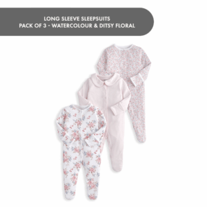 Long Sleeve Sleepsuits (Pack of 3) - Watercolour & Ditsy Floral
