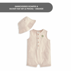 Embroidered Romper & Bucket Hat Set (2 Pieces) - Orange